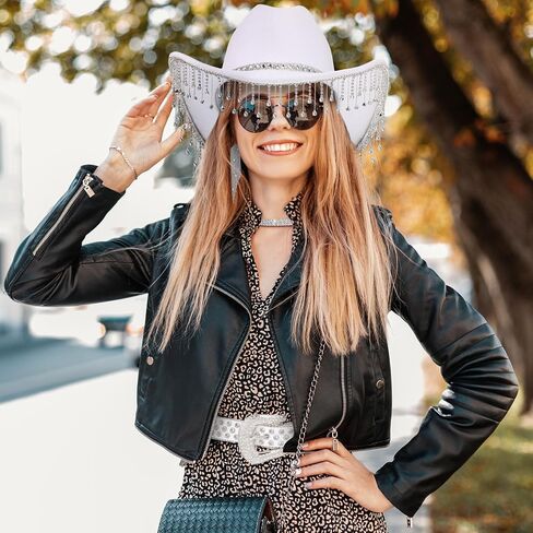 Hercicy 5 Pcs Glitter Cowgirl Hat Rhinestone Jewelry Set Western Sparkly Hat for Women Bride Bachelorette Party Costume in Saudi Arabia
