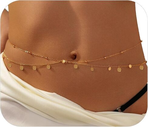 Belly Chain For Women, Adjustable Waist Chain 14K Gold Plated Body Chains Jewelry with Extender Waterproof Sexy Bikini Beach Wear Belly Belt Gold Waist Beads Chain Girls Summer Gift in Saudi Arabia