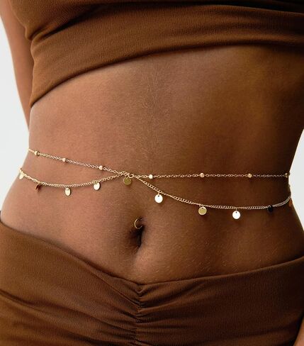 Belly Chain For Women, Adjustable Waist Chain 14K Gold Plated Body Chains Jewelry with Extender Waterproof Sexy Bikini Beach Wear Belly Belt Gold Waist Beads Chain Girls Summer Gift in Saudi Arabia