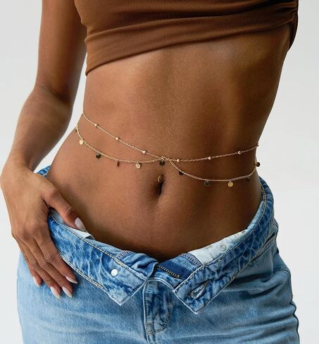 Belly Chain For Women, Adjustable Waist Chain 14K Gold Plated Body Chains Jewelry with Extender Waterproof Sexy Bikini Beach Wear Belly Belt Gold Waist Beads Chain Girls Summer Gift in Saudi Arabia