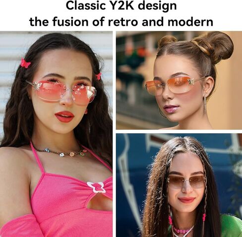Dollger Rectangle Y2k Sunglasses for Women Fashion Rimless 2000s Square Pink Sun Glasses Butterfly 90s Cool Shades in Saudi Arabia