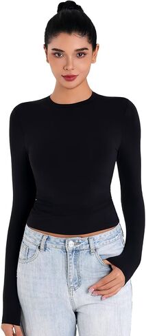 Sunzel Crewneck قمصان طويلة الأكمام للنساء مزدوجة اصطف الخروج قمم لطيف أساسيات تيز العصرية ضيق مثير اليوغا رياضة الخريف in Kuwait