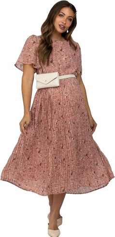 Pinkblush Light Floral Plateed Sleeve Shift Shiffon Midi Dress in Saudi Arabia