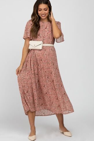 Pinkblush Light Floral Plateed Sleeve Shift Shiffon Midi Dress in Saudi Arabia