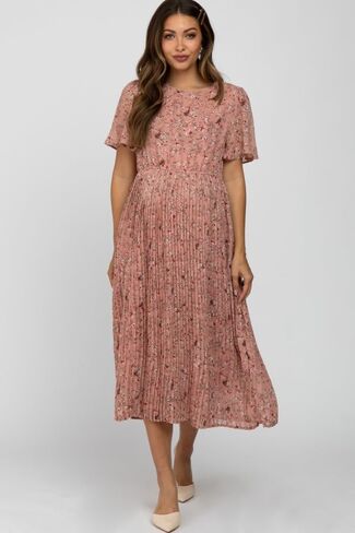 Pinkblush Light Floral Plateed Sleeve Shift Shiffon Midi Dress in Saudi Arabia
