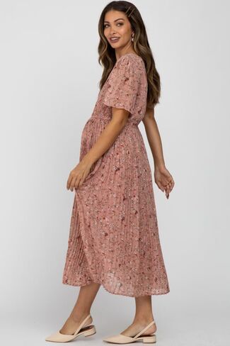 Pinkblush Light Floral Plateed Sleeve Shift Shiffon Midi Dress in Saudi Arabia