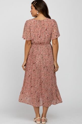 Pinkblush Light Floral Plateed Sleeve Shift Shiffon Midi Dress in Saudi Arabia
