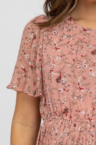 Pinkblush Light Floral Plateed Sleeve Shift Shiffon Midi Dress in Saudi Arabia