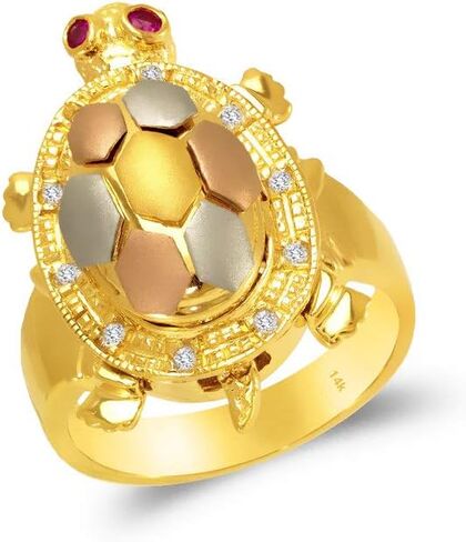 14K Gold Turtle Ring Tricolor - هدية مجوهرات لطيفة للنساء - وردة جميلة اللون الأبيض الأصفر الحلقات الساتان البولندية - مركز 25 ملم in Saudi Arabia