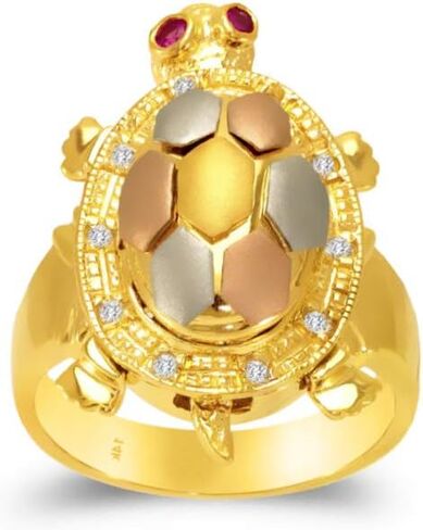 14K Gold Turtle Ring Tricolor - هدية مجوهرات لطيفة للنساء - وردة جميلة اللون الأبيض الأصفر الحلقات الساتان البولندية - مركز 25 ملم in Saudi Arabia