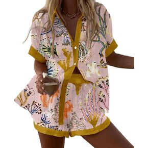 Women Graphic 2 Piece Outfit Short Sleeve Sun Print Button Up Shirt Drawstring Shorts Set Causal Beachwear in Kuwait