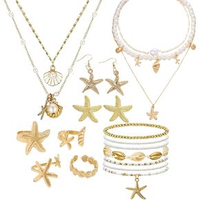 15 PCS مجوهرات مطلية بالذهب مع قلادة قلادة وسحر شاطئ Starfish ، حلقات الأقراط ، قلادة وحيوانات من الهدايا الصيفية للعطلات الصيفية in Kuwait