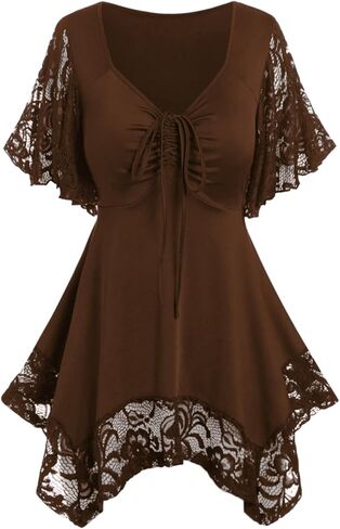 ROSE GAL Women's Plus Size Flower Lace T-Shirt Curve Flower Lace Insert Criss Cross Batwing Sleeve Handkerchief Top in Kuwait