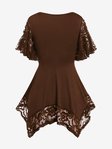 ROSE GAL Women's Plus Size Flower Lace T-Shirt Curve Flower Lace Insert Criss Cross Batwing Sleeve Handkerchief Top in Kuwait