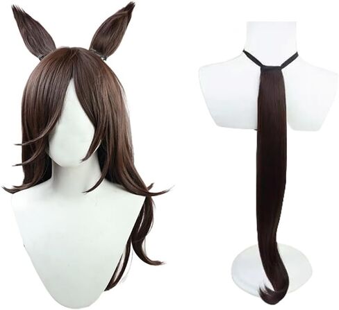 Game Cosplay Wig Deep Brown Hair Long Straight Wigs with Bang Layered Wigs Cosplay Show Wig + Ears + Tail in Kuwait