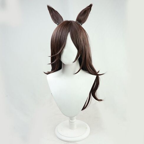Game Cosplay Wig Deep Brown Hair Long Straight Wigs with Bang Layered Wigs Cosplay Show Wig + Ears + Tail in Kuwait
