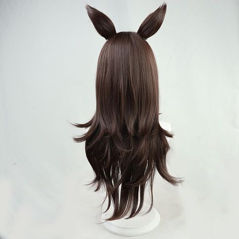 Game Cosplay Wig Deep Brown Hair Long Straight Wigs with Bang Layered Wigs Cosplay Show Wig + Ears + Tail in Kuwait