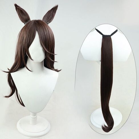 Game Cosplay Wig Deep Brown Hair Long Straight Wigs with Bang Layered Wigs Cosplay Show Wig + Ears + Tail in Kuwait