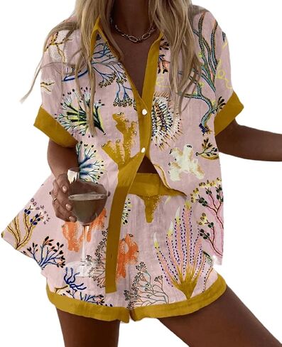 Women Graphic 2 Piece Outfit Short Sleeve Sun Print Button Up Shirt Drawstring Shorts Set Causal Beachwear in Kuwait