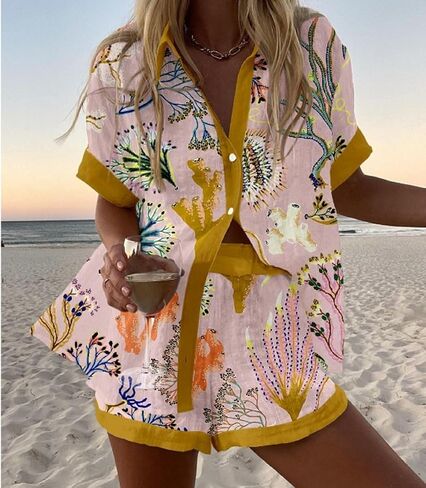 Women Graphic 2 Piece Outfit Short Sleeve Sun Print Button Up Shirt Drawstring Shorts Set Causal Beachwear in Kuwait