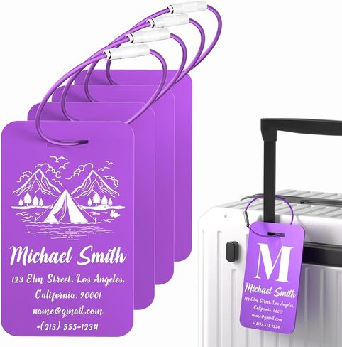 4 PCS Personalized Luggage Tags for Suitcase, Custom Engraved Aluminum Luggage Tags with Your Personalized Text Logo, Metal Name Tags with Steel Loop for Bag, Suitcase, Backpack (Purple, Large) in Kuwait