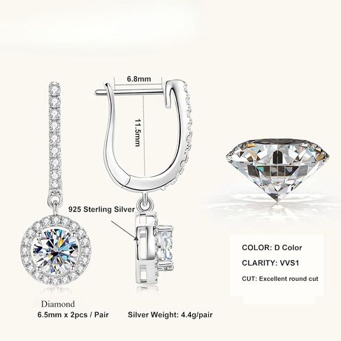 18K الذهب على S925 Sterling Silver 1CT أقراط الماس الماس ، D Color Drop Huggie Hoop أقراط للنساء ، هدية فريدة للزوجة في عيد الميلاد in Saudi Arabia