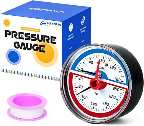 MEANLIN MEASURE 0-160Psi Stainless Steel Thermal Pressure Gauge 30-250℉ Liquid Filled Pressure Gauge 1/4" NPT 2.5" FACE DIAL, with Teflon Tape, Back Mount in Kuwait