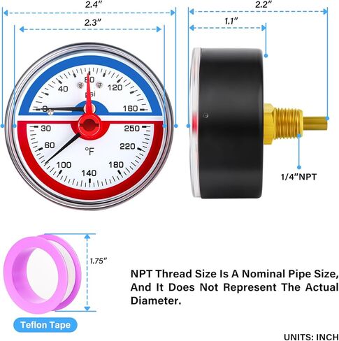 MEANLIN MEASURE 0-160Psi Stainless Steel Thermal Pressure Gauge 30-250℉ Liquid Filled Pressure Gauge 1/4" NPT 2.5" FACE DIAL, with Teflon Tape, Back Mount in Kuwait