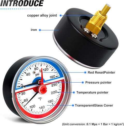 MEANLIN MEASURE 0-160Psi Stainless Steel Thermal Pressure Gauge 30-250℉ Liquid Filled Pressure Gauge 1/4" NPT 2.5" FACE DIAL, with Teflon Tape, Back Mount in Kuwait