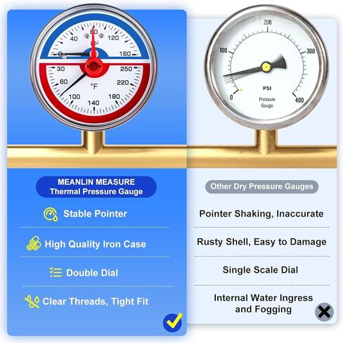 MEANLIN MEASURE 0-160Psi Stainless Steel Thermal Pressure Gauge 30-250℉ Liquid Filled Pressure Gauge 1/4" NPT 2.5" FACE DIAL, with Teflon Tape, Back Mount in Kuwait