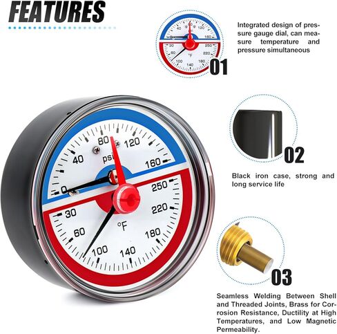 MEANLIN MEASURE 0-160Psi Stainless Steel Thermal Pressure Gauge 30-250℉ Liquid Filled Pressure Gauge 1/4" NPT 2.5" FACE DIAL, with Teflon Tape, Back Mount in Kuwait