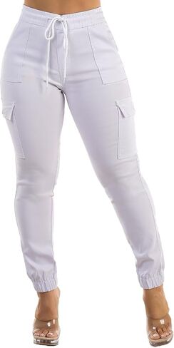 Moda Xpress Women's Juniors Stretchy High Waisted Relaxed Fit Casual Cargo Denim Jogger Jeans and Pants for Women in Kuwait