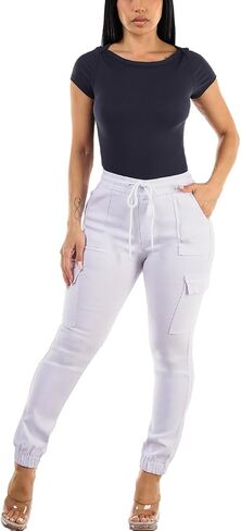 Moda Xpress Women's Juniors Stretchy High Waisted Relaxed Fit Casual Cargo Denim Jogger Jeans and Pants for Women in Kuwait