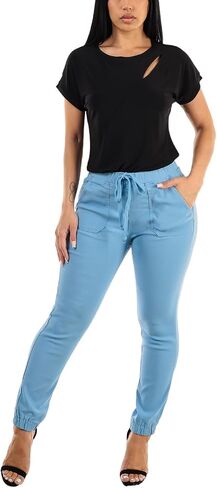 Moda Xpress Women's Juniors Stretchy High Waisted Relaxed Fit Casual Cargo Denim Jogger Jeans and Pants for Women in Kuwait