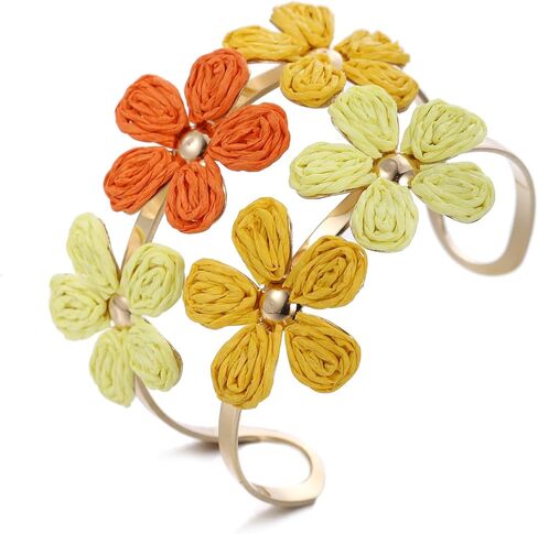 سوار كفة زهرة رافيا المصنوعة يدويًا للنساء - سوار ملون مفتوح على مصراعي in Kuwait