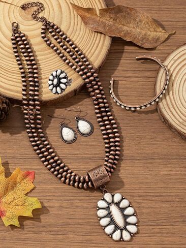 Topacc Navajo Pearl Necklace المجوهرات الغربية مجموعة للنساء قلادة الفيروز مع أقراط رن راعية in Kuwait