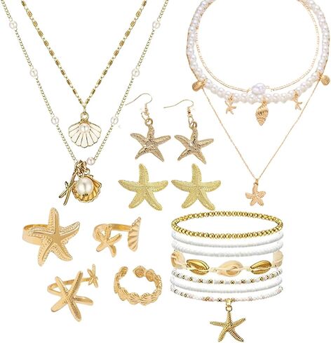 15 PCS مجوهرات مطلية بالذهب مع قلادة قلادة وسحر شاطئ Starfish ، حلقات الأقراط ، قلادة وحيوانات من الهدايا الصيفية للعطلات الصيفية in Kuwait