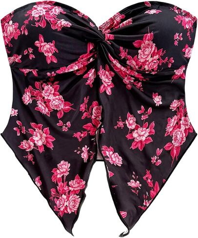 WDIRARA Women's Tie Dye Floral Print Twist Knot Bandeau Crop Tube Tops Asymmetrical Hem Split Front Top in Saudi Arabia