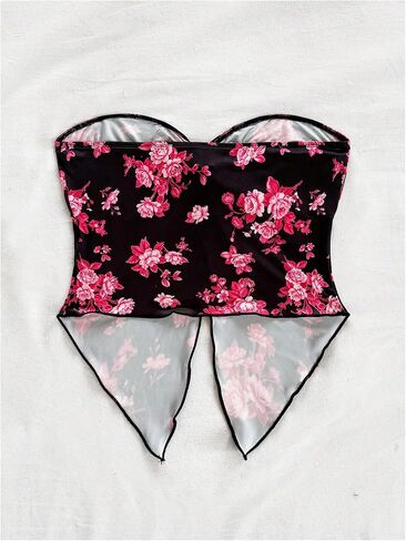 WDIRARA Women's Tie Dye Floral Print Twist Knot Bandeau Crop Tube Tops Asymmetrical Hem Split Front Top in Saudi Arabia