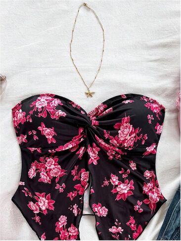 WDIRARA Women's Tie Dye Floral Print Twist Knot Bandeau Crop Tube Tops Asymmetrical Hem Split Front Top in Saudi Arabia