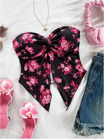 WDIRARA Women's Tie Dye Floral Print Twist Knot Bandeau Crop Tube Tops Asymmetrical Hem Split Front Top in Saudi Arabia