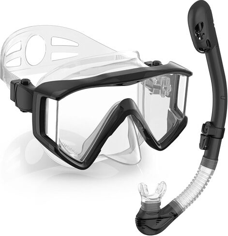 Greatever Snorkel Set Pano 3 Window Snorkel Mask Adult, Panoramic Wide View, Anti-Fog Scuba Diving Mask, Anti-Leak Snorkel Goggles Dry Top Snorkel, Professional Snorkeling Gear for Adults in Saudi Arabia