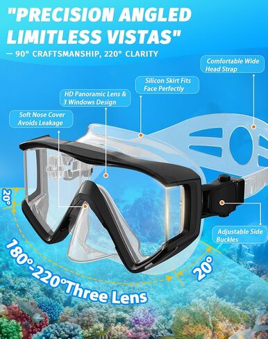 Greatever Snorkel Set Pano 3 Window Snorkel Mask Adult, Panoramic Wide View, Anti-Fog Scuba Diving Mask, Anti-Leak Snorkel Goggles Dry Top Snorkel, Professional Snorkeling Gear for Adults in Saudi Arabia