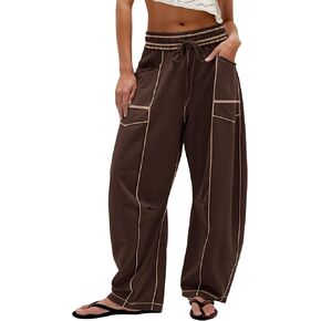 Wide Leg Barrel Sweatpants for Women Babby Palazzo Pants Drawstring High Waist Color Block Lounge Sweat Pant in Saudi Arabia