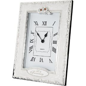 Happy Homewares Traditional 25th Anniversary Clock in White Epoxy with Silver Plated Roses and Clear Diamante Crystals | Quartz Technology in Kuwait