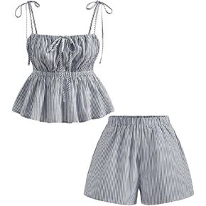 MakeMeChic Women's 2 Piece Outfits Striped Tie Shoulder Peplum Shirred Camisole and Shorts Set in Kuwait