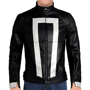 Men's White Stripes Robbie Dark Power Rider Black Motorcycle Agents Biker Shield Movie Leather Jacket in Kuwait