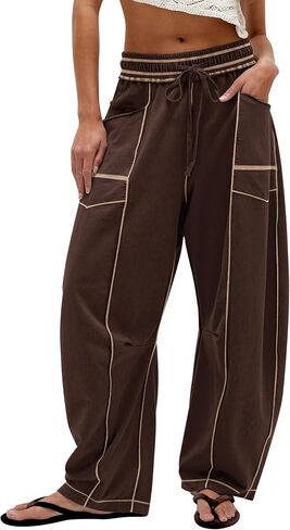 Wide Leg Barrel Sweatpants for Women Babby Palazzo Pants Drawstring High Waist Color Block Lounge Sweat Pant in Saudi Arabia