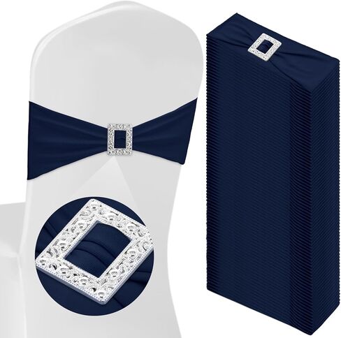 CHENGU 50 Pcs Spandex Chair Sashes with Square Buckle Slider Stretch Chair Cover Band Universal Elastic Chair Ties Chair Straps Bows for Wedding Banquet Event Party Decoration(Lake Blue) in Kuwait