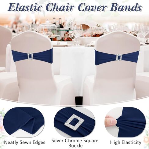 CHENGU 50 Pcs Spandex Chair Sashes with Square Buckle Slider Stretch Chair Cover Band Universal Elastic Chair Ties Chair Straps Bows for Wedding Banquet Event Party Decoration(Lake Blue) in Kuwait
